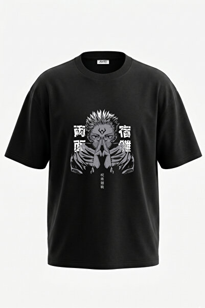 Anetos Tricou supradimensionat negru din bumbac cu imprimeu pe spate Sukuna J...