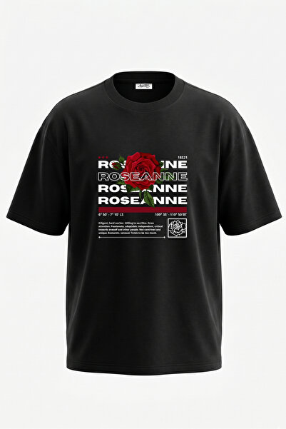 Anetos Tricou oversize negru din bumbac cu imprimeu pe spate Red Rose Design
