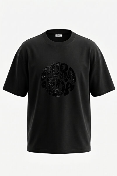 Anetos Tricou oversize negru din bumbac cu imprimeu pe spate Pura Vida Design