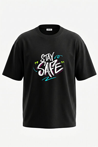 Anetos Tricou supradimensionat negru din bumbac cu imprimeu pe spate Stay Saf...