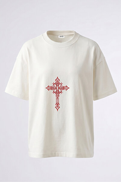 Anetos Gothic Cross dizajn, pamučna bela majica sa štampanim leđima, oversize