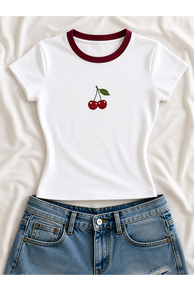 EVIus Tricou de damă cu mânecă scurtă, cu imprimeu cireșe și detaliu la guler...
