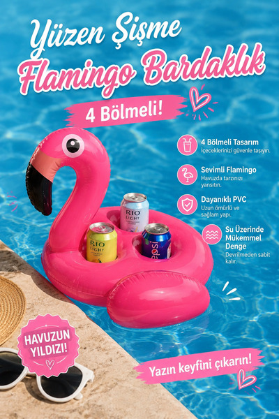 craftivio Yüzen Şişme Flamingo Havuz ve Deniz İçin Bardak Tutucu 4 Bölmeli İç...