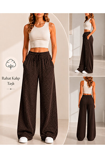 De Carte Women's Star Stone Wide Leg High Waist Loose Cut Pocketed Trousers S...