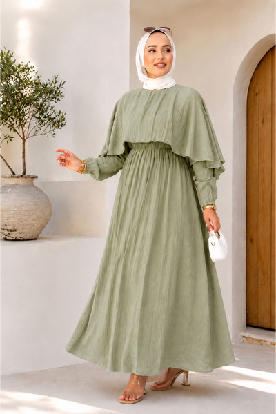 ASTEMİA Women's Cape Detailed Lined Seersucker Long Summer Hijab Dress Sb0043
