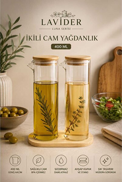Lavider Natura 2'li Cam Yağdanlık Seti | Bambu Kapaklı Yağlık, Sirkelik ve Ze...