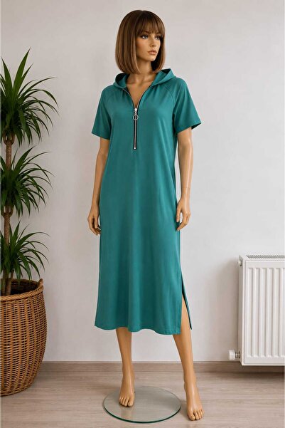 NO BRAND Rochie Damă Casual Verde Petrol cu Glugă și Fermoar, Mărimea XL, Cro...