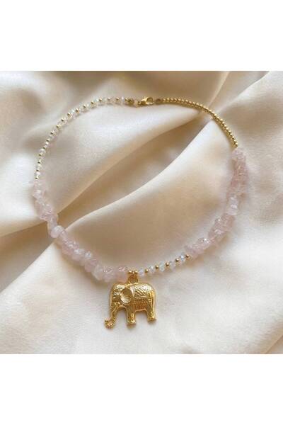 YAKA ART Pembe Kuvars Taşı Fil Charm Handmade Kolye