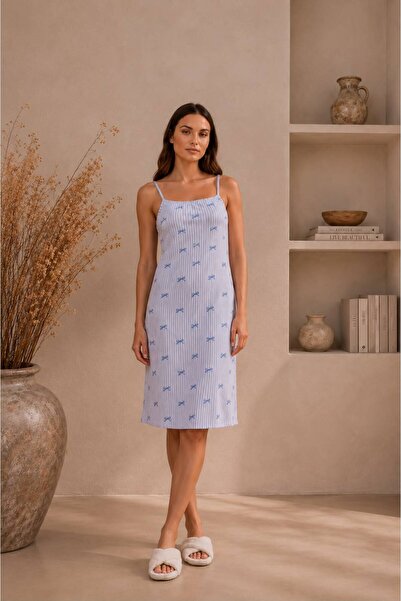 GAMDELLE MODA Women's Blue Bow Patterned Strappy Nightgown