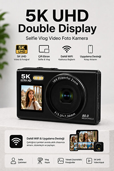 RoseandRoses 5K UHD Double Display Selfie Vlog Video Foto Kamera (Siyah)