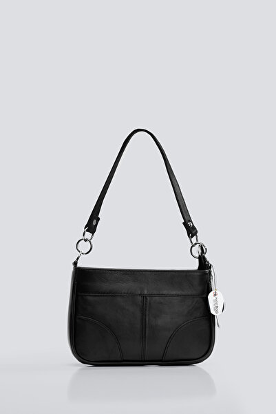 westbag Geantă baghetă neagră din piele naturală pentru femei, cu design de l...
