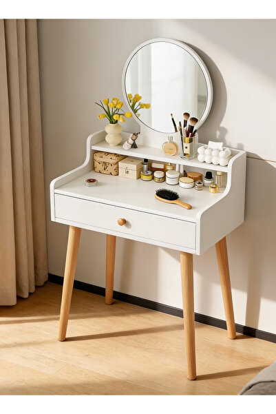 GGEROU Vanity Table with Round Mirror Makeup Desk with 1 Large Drawers Modern...