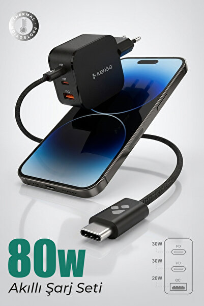Kensa 80W Çift Portlu USB-C Girişli Akıllı Hızlı Şarj Adaptör Kablo Seti - PD...