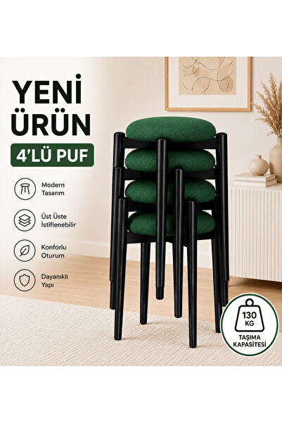 EDMONDA EV AKSESUAR ZÜMRA 4LÜ PUF TABURE BENCH MAKYAJ SANDALYESİ SİYAH AYAK