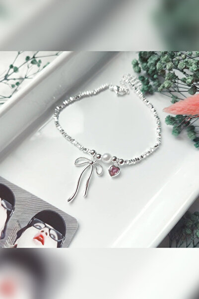 THE Steel Women's Silver Color Bow Detailed Pink Heart Charm Bracelet