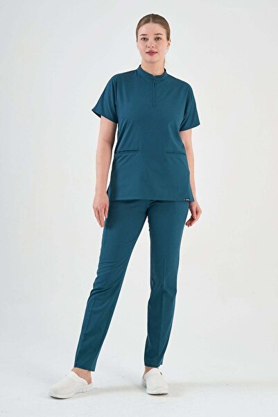 Owlet Medikal Costum chirurgical cu fermoar, detaliat, din Lycra, verde petro...