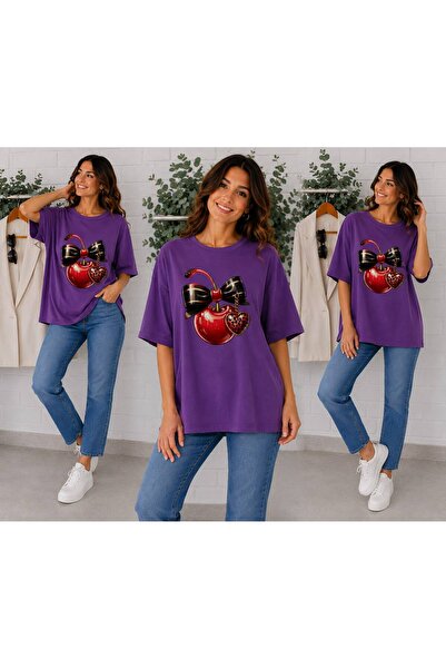 ENB1R MODA Women's Purple Premium Basic T-Shirt with Shiny Cherry Black Bow T...