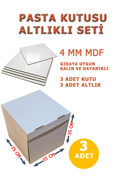 kutucum 35 X 35 X 35 PASTA KUTUSU 3 ADET ve ALTLIK SETİ| YAŞ PASTA KUTUSU BEY...