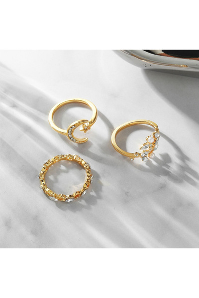 TREND COLLECTİON Kadın Gold Renk 10’lu Yüzük Seti Taşlı İncili Ay Yıldız Detaylı