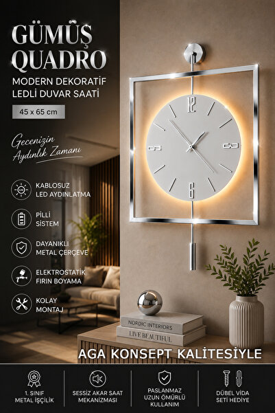 AGA KONSEPT Led'li KROM Rengi Quadro Yuvarlak Kristal 45 x 65 cm, Modern Deko...