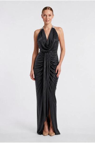 SpringStore Siyah Halter Yaka Drapeli Abiye