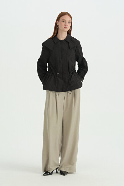 Nihan Cape-Style Drawstring Waist Parachute Jacket - Black