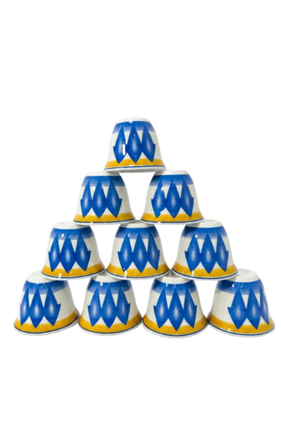 Generic Set of 12 Arabic Coffee Cups Porcelain - Blue & Gold Geometric Pattern - For Gahwa Hospitality & Gifting