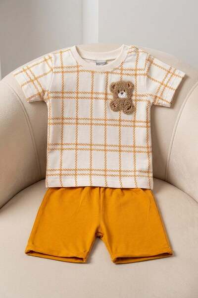 dinamik çocuk Baby Boy Summer 2-Piece Set Teddy Bear Embroidered Plaid Patter...