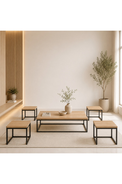 Mily Rectangular wooden floor table set with black metal frame – 5 pieces