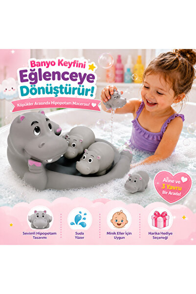 Cici Oyuncak Anne ve 3 Yavru Hipopotam Su Aygırı Banyo Oyuncağı Seti Suda Yüz...