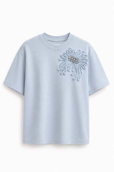 elif teke Sunflower Taşlı T-shirt Mavi