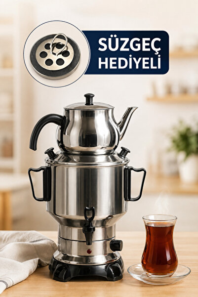Armağan 4,5 Litre Çelik Kapaklı Çay Semaveri — Süzgeç Hediyeli — 430 Kalite P...