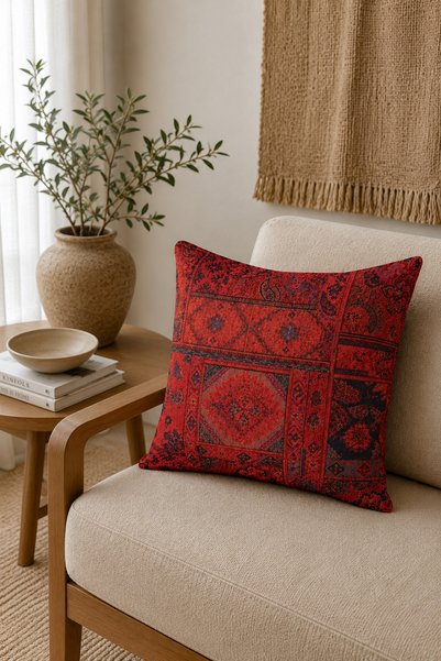 Demirelli Decorative Throw Pillow Cover Red Ethnic Carpet Patterned Bohemian Double-Sided Digital Printed Living Room Throw Pillow
