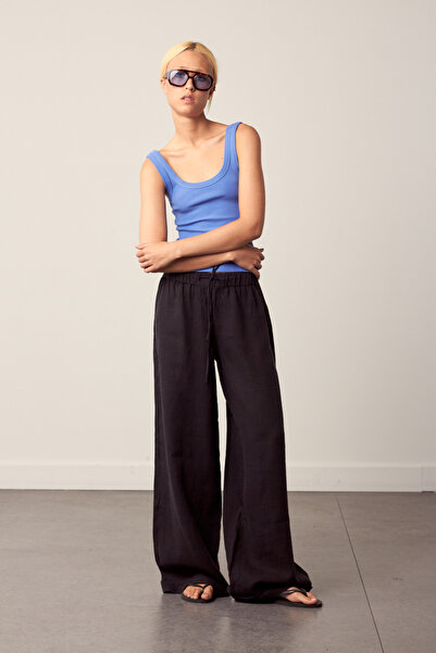 Beyyoglu 100% Linen Palazzo Trousers with Elastic Waist