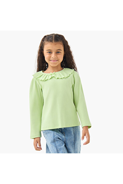 Juniors تي شيرت بناتي بياقة مكشكشة ونسيج مضلع - قطن - أكمام طويلة