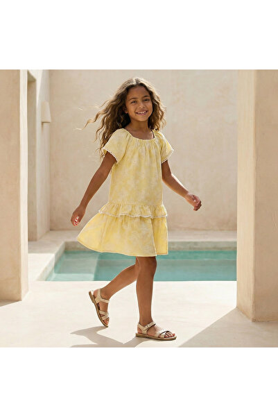 Juniors Square Neck Short Sleeves Knee Length Dress with Floral Print
