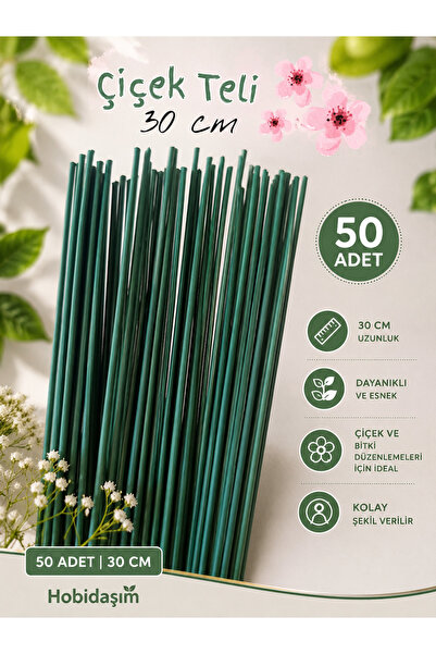 hobidaşım 50 Adet Çiçek Teli 30 cm Yeşil Kaplamalı Tel – Yapay Çiçek, Buket v...