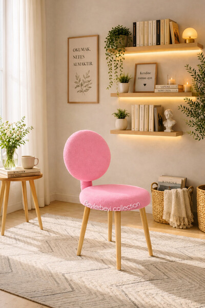 BEYLERBEYİ Yeni Sırtlı puf,makyaj masası pufu, pembe peluş kumaş dekoratif puf,