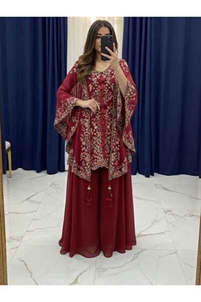 MYSMAR Maroon Faux Georgette Kurta Palazzo Set with Sequin Work - HRT8193 | M...