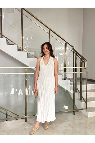 Sude Kızanlıklı Original Brand Model Pleated Dress with Gold Accessories
