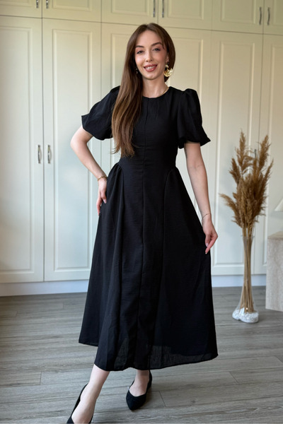 Dilay Gökoğlu Butik Black Muslin Fabric Balloon Sleeve Midi Dress
