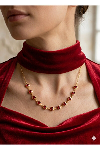 Sİ Golden Colored Red Heart Figure Stone Stylish Necklace