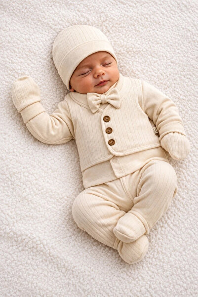 Belemir Kids Papyonlu %100 Pamuk Erkek Bebek Hastane Çıkışı 5’li Set Bej