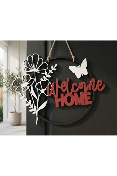 Flay3d Welcome Home Kapı Süsü | Çiçek ve Kelebek Tasarımlı Dekoratif Kapı Süsü