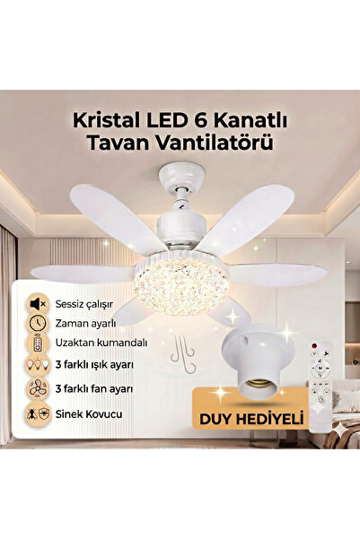 zinnuren Kristal LED Lambalı Ampul Tavan Vantilatörü 6 Kanatlı Uzaktan Kumand...