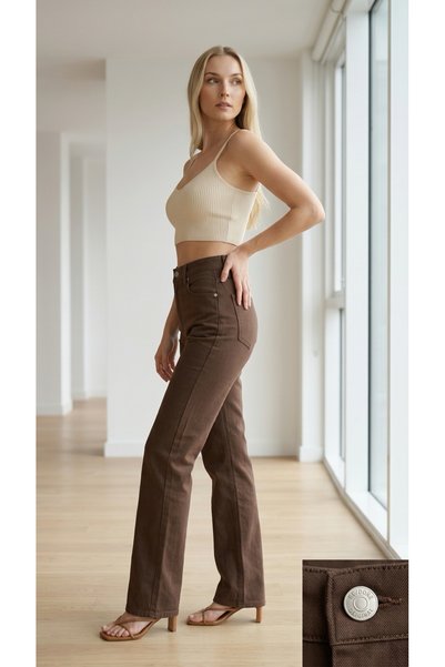 geenz manifacture Bitter Brown Lycra High Waist Wide Leg Loose Palazzo Jeans