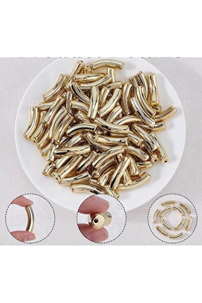 yiğit aksesuar 10 Adet (9*32mm) 3 cm Gold Kavisli Tüp Boncuk Delikli Boru Ara...