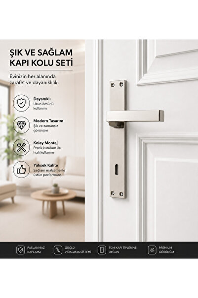 kapa Saten Krom Oda Kapı Kolu Seti 24 Cm – Dikdörtgen Rozetli Modern İç Kapı ...