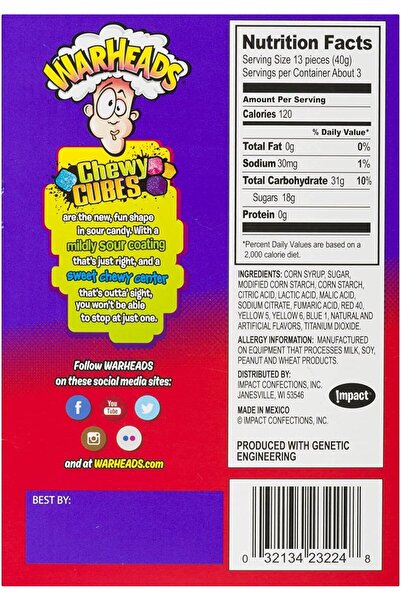 WarHeads مكعبات حلوى مضغ بنكهة حامضة وحلوة وفاكهية 4 أونصة (113 جرام)