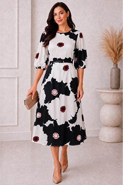 Bad Rochie dama midi elegantă cu imprimeu floral contrastant și căptușeală di...